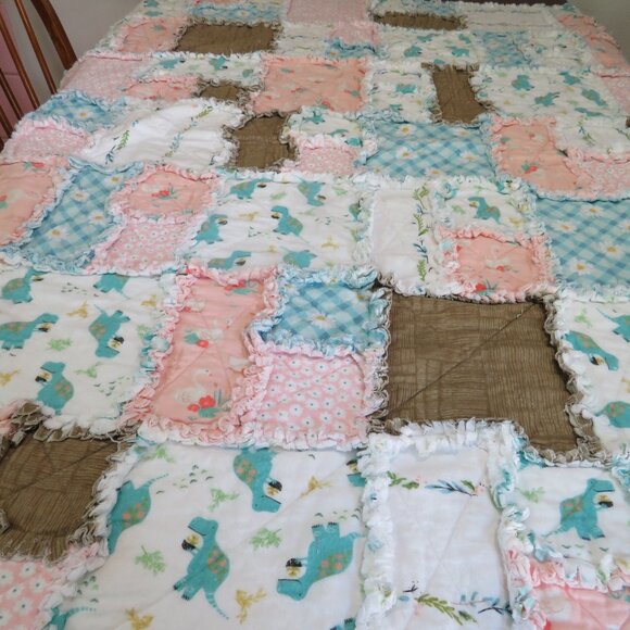 Flannel Rag Quilt 49 x 45 with Batting, Floral Dinosaur Scrappy Style Rag Quilt - Picture 2 of 11